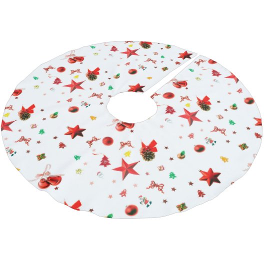 Farbenfrohe Weihnachtsschmuck auf weiß Polyester Weihnachtsbaumdecke (Schrägansicht)