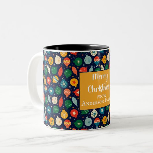 Farbenfrohe Weihnachtsschmuck Muster Frohe Weihnac Zweifarbige Tasse (Vorderseite Links)