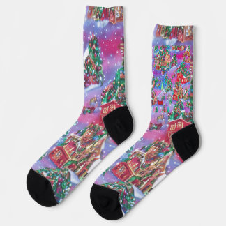 Farbenfrohe Weihnachtsstadt mit Häusern und Bäumen Socken