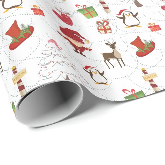 Farbenfrohe Weihnachtssymbole Weißer Hintergrund Geschenkpapier (Rolleneckpunkt)