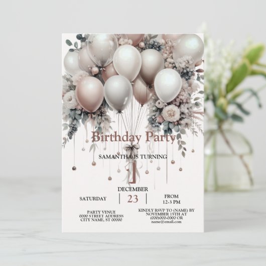 Farbenfrohe Weißpfirsichblütenballons Elegantes Pa Einladung (Stehend Vorderseite)