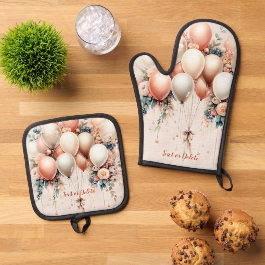 Farbenfrohe Weißpfirsichblütenballons Elegantes Pa Ofenhandschuh & Topflappen-Set