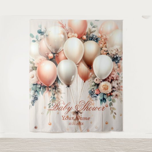 Farbenfrohe Weißpfirsichblütenballons Elegantes Pa Wandteppich (Vorderseite)