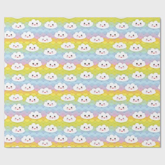 Farbenfrohe Wellen Emoji Kawaii Wolken Muster Geschenkpapier (Flach)