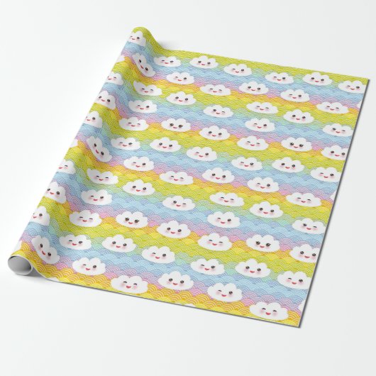 Farbenfrohe Wellen Emoji Kawaii Wolken Muster Geschenkpapier (Ungerollt)