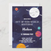 Farbenfrohe Weltraumthematik für das Party von Kin Einladung (Vorderseite)