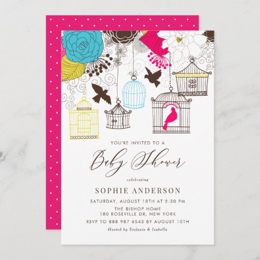 Farbenfrohe Whimsical Birdcages Babydusche Einladung (Vorne/Hinten)