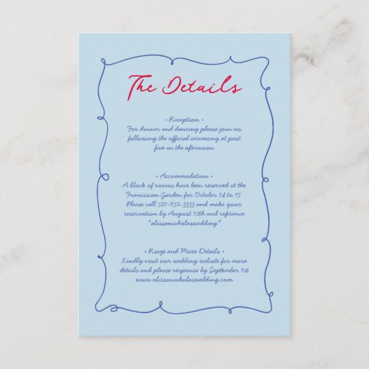 Farbenfrohe Whimsical Border & Script Hochzeitsdet Begleitkarte (Vorderseite)