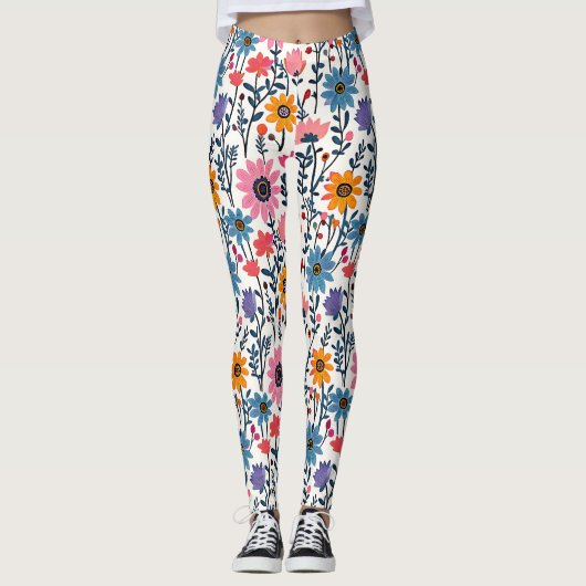 Farbenfrohe Whimsical Folk Art Floral Leggings (Vorderseite)