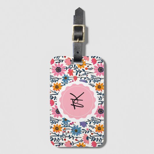 Farbenfrohe Whimsical Folklorele Mit Monogramm Gepäckanhänger (Vorderseite Vertikal)