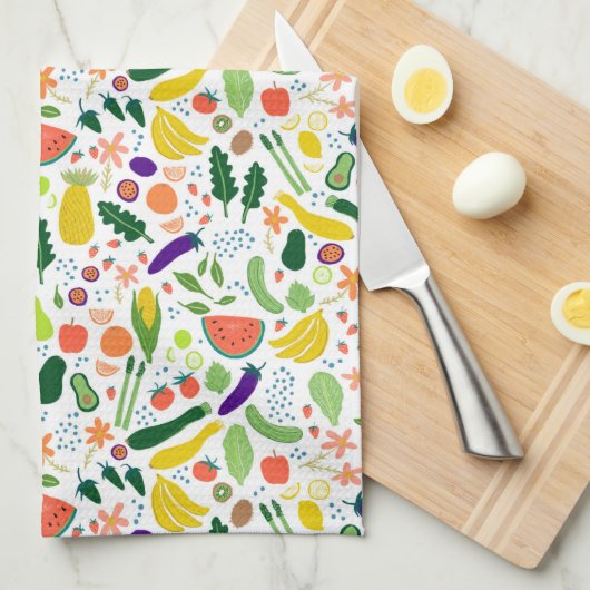 Farbenfrohe Whimsical Frucht Veggies Muster Geschirrtuch (Viertel Falte)
