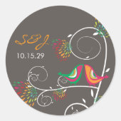 Farbenfrohe Whimsical Kissing Summer Birds Wedding Runder Aufkleber (Vorderseite)