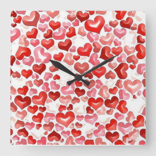 Farbenfrohe Whimsical kleine Herzen Rot Rosa Weiß Quadratische Wanduhr