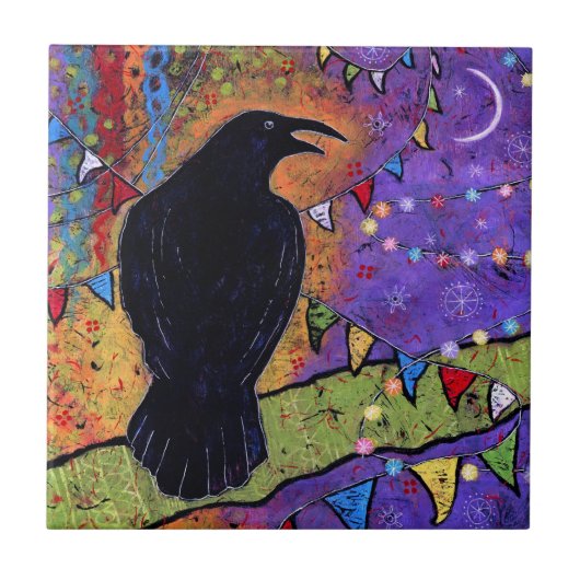 Farbenfrohe Whimsical Raven Laughing Fliese (Vorderseite)