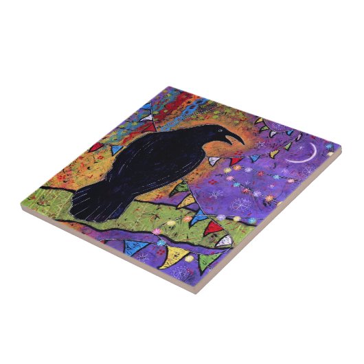 Farbenfrohe Whimsical Raven Laughing  Fliese (Seite)