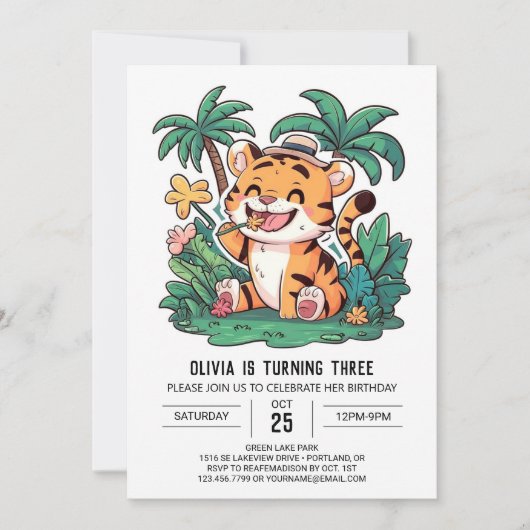 Farbenfrohe Whimsical Tiger Digital Geburtstag Einladung (Vorderseite)