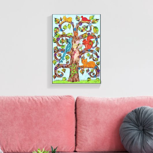 Farbenfrohe Whimsical Tree Fairy Süße Tier Zeichne Leinwanddruck (Insitu (Wohnzimmer))