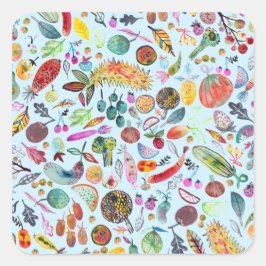 Farbenfrohe Whimsical Watercolor Frucht Veggies Bl Quadratischer Aufkleber