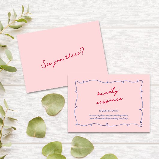 Farbenfrohe whimsical Wavy Border & Script Wedding RSVP Karte