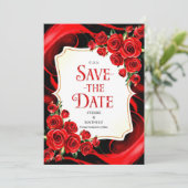 Farbenfrohe Whimsy-Crimson-Rote Rosen Hochzeit Save The Date (Stehend Vorderseite)