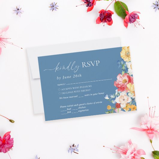 Farbenfrohe Widlflower Dusty Blue Wedding RSVP Karte