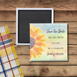Farbenfrohe Wiedersehen Sonnenblume Save the Date Magnet<br><div class="desc">Frag deiner Familie,  Save the Date für ihre Wiedersehen mit dieser farbenfrohen Sonnenblume den Datums-Magneten zu speichern. Es ist mit einer Aquarellblume und einem Hintergrund dekoriert. Einfach anpassbar. Weil wir unsere Kunstwerke erstellen,  werden Sie dieses exakte Bild von anderen Designern nicht finden. Original Wasserfarbe © Michele Davies.</div>