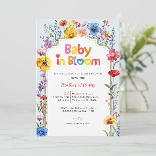 Farbenfrohe Wildblume Baby in Bloom Baby Dusche Einladung (Stehend Vorderseite)