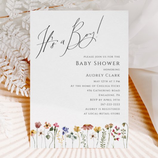 Farbenfrohe Wildblume Babydusche Es ist ein Junge Einladung