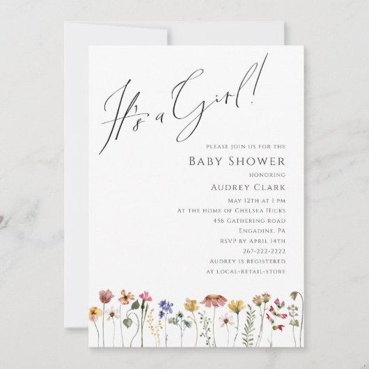 Farbenfrohe Wildblume Babydusche Es ist ein Mädche Einladung (Vorderseite)