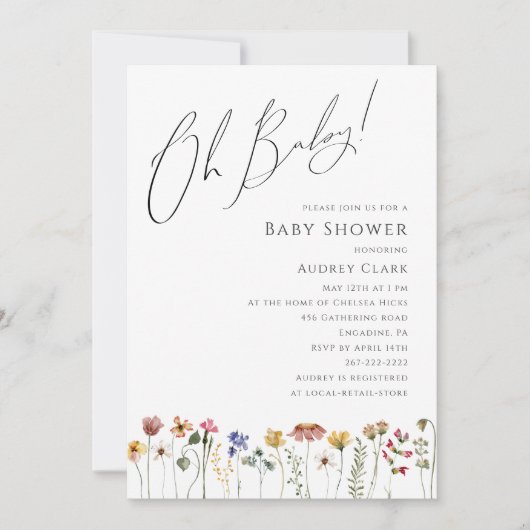 Farbenfrohe Wildblume Babydusche Oh Baby! Foto Einladung (Vorderseite)