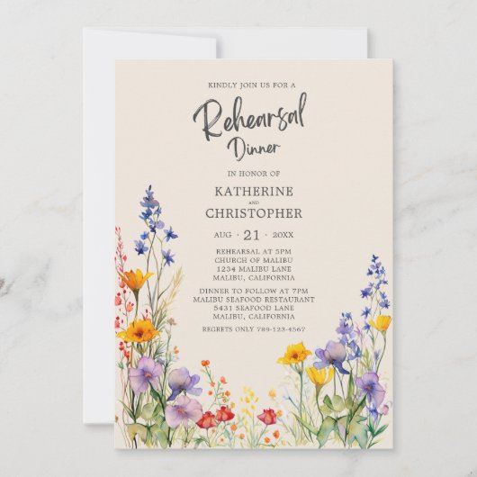 Farbenfrohe Wildblume Beige Hochzeit Probe Dinner Einladung (Vorderseite)