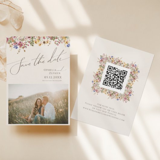 Farbenfrohe Wildblume | Beige Meadow Foto QR-Code Save The Date