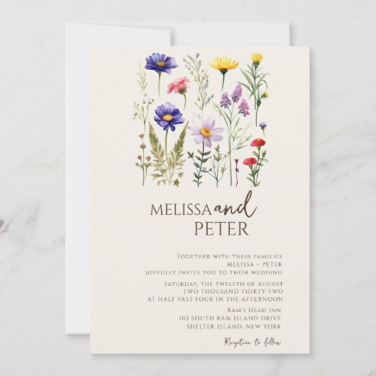 Farbenfrohe Wildblume Beige Monogram Foto Hochzeit Einladung (Vorderseite)