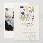 Farbenfrohe Wildblume Beige Monogram Foto Hochzeit Einladung (Vorne/Hinten)