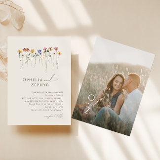 Farbenfrohe Wildblume Beige Monogram Foto Hochzeit Einladung