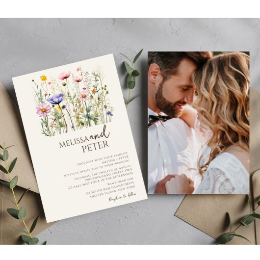 Farbenfrohe Wildblume Beige Monogram Foto Hochzeit Einladung