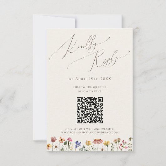 Farbenfrohe Wildblume | Beige QR-Code RSVP Karte (Vorderseite)