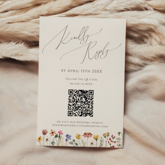 Farbenfrohe Wildblume | Beige QR-Code RSVP Karte