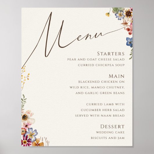 Farbenfrohe Wildblume | Beige Wedding Menu Sign Poster (Vorne)