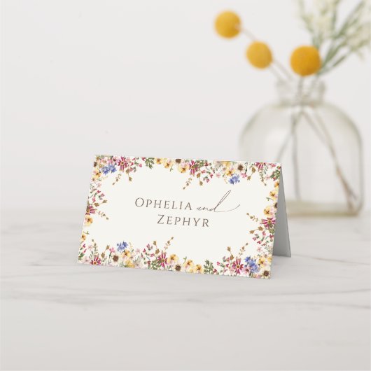 Farbenfrohe Wildblume | Beige Wiese eingeklappt Platzkarte (Rückseite)