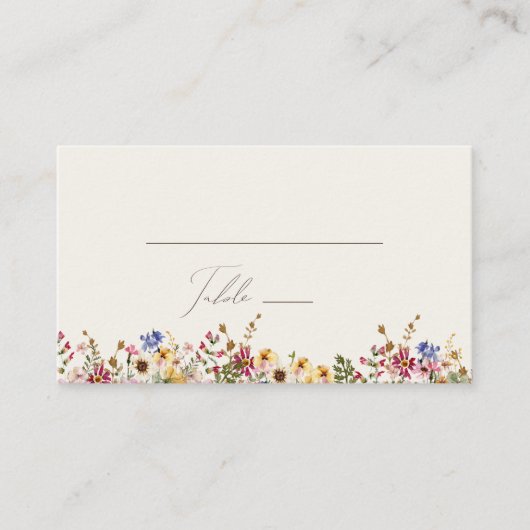 Farbenfrohe Wildblume | Beige Wiese Flat Wedding Platzkarte (Vorderseite)
