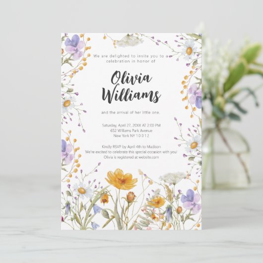 Farbenfrohe Wildblume Blütendusche Einladung (Stehend Vorderseite)