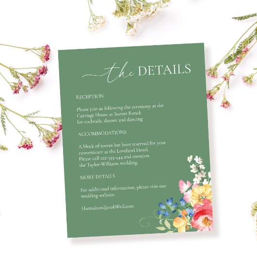 Farbenfrohe Wildblume Details zum Grünen Hochzeits Begleitkarte