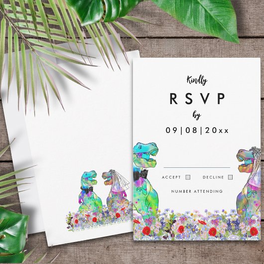 Farbenfrohe Wildblume Dinosaur Hochzeit RSVP Karte