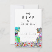 Farbenfrohe Wildblume Dinosaur Hochzeit RSVP Karte (Vorderseite)