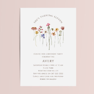 Farbenfrohe Wildblume Elfte Geburtstagsparty Einladung