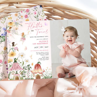 Farbenfrohe Wildblume Fairy 1. Geburtstag Foto Einladung