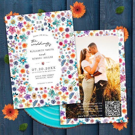 Farbenfrohe Wildblume Garden QR Code Hochzeitsszen Einladung