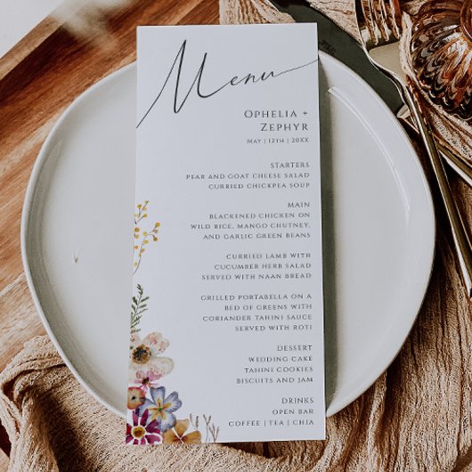 Farbenfrohe Wildblume | Garden Wedding Dinner Menu Menükarte