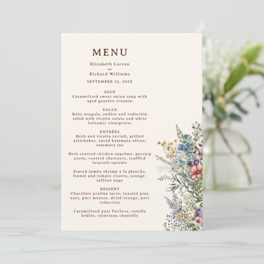 Farbenfrohe Wildblume Hochzeit im Wasser Menükarte (Stehend Vorderseite)